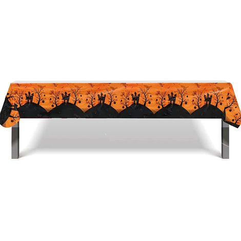 Halloween Nappe Plastique Rectangulaire Anti Tache,130220cm Orange Chauve Souris Nappe de Table Rectangulaire Imperméables Extensible,pour Décoration Table Terrasse,Fournitures Halloween Fête (1/2)