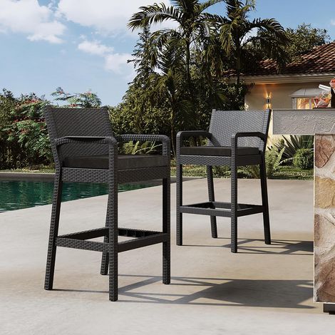 lot de 2 tabourets de bar extérieurs accoudoirs rotin haut noir balcon jardin bord piscine arrière cour extérieur (1/5)