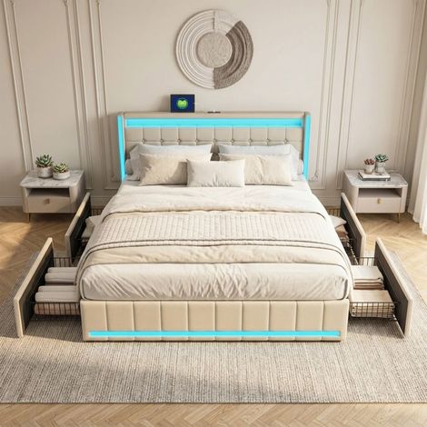 Cama 180x200 con 4 cajones, LED integrada, carga USB, somier, cabecero, cama doble con almacenamiento, lino, beige (1/5)