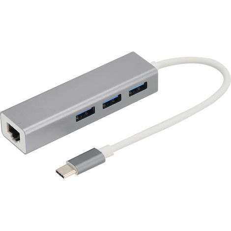 Robuster und praktischer 4-in-1-USB-C-Hub mit RJ45-Ethernet-Adapter für Datenübertragung mit 5 Gbit/s. USB-C-Hub mit 3 USB-2.0-Anschlüssen. (1/5)
