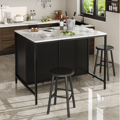Mesa alta 100x90x90 cm negra de MDF con efecto mármol, 2 cajones y estante ajustable (1/5)