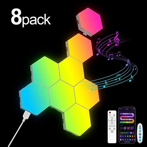 (8 pièces) Lampe murale hexagonale RGB intelligente, veilleuse à changement de couleur, contrôlable via une application musicale rythmique DIY. (1/5)