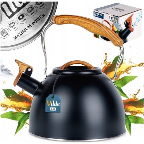 Schwarzer Wasserkocher mit Pfeife zum Wasserkochen auf einem Gas- oder Induktionsherd (1/5)
