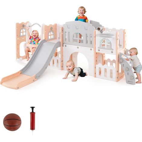 COSTWAY 10 in 1 Parco Giochi per Bambini, Set Altalena e Scivolo con Canestro da Basket Telescopio Volante, Palestra da Gioco per Bambini 1 Anni + (Rosa) (1/5)