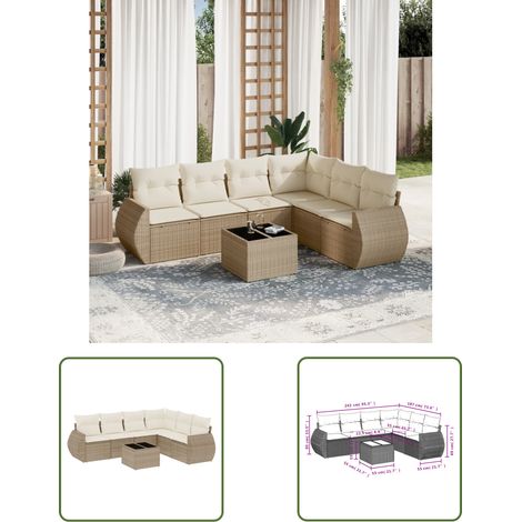 The Living Store 7-tlg. Garten-Sofagarnitur mit Kissen Beige Poly Rattan - Gartenmöbel Set - PE-Rattan Möbel - Outdoor Lounge - Esstisch Set - Balkonmöbel (1/3)
