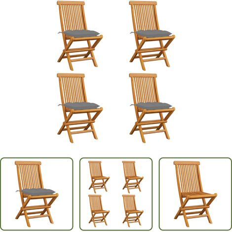 Teakholz - Gartenstühle mit Grauen Kissen 4 Stk. Massivholz Teak (1/5)