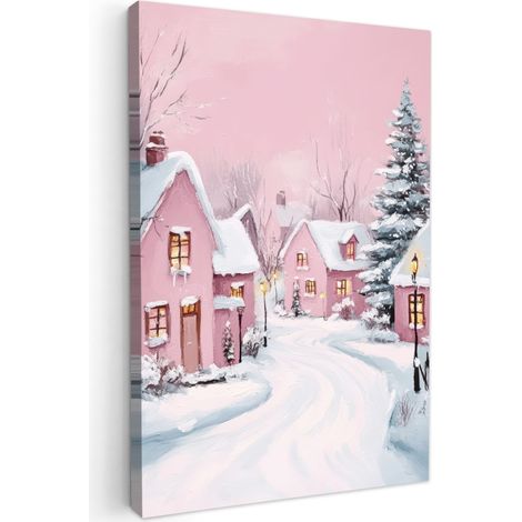 Canvas Print Christmas Village - Pink - Winter - Snow - Houses 60x90 cm