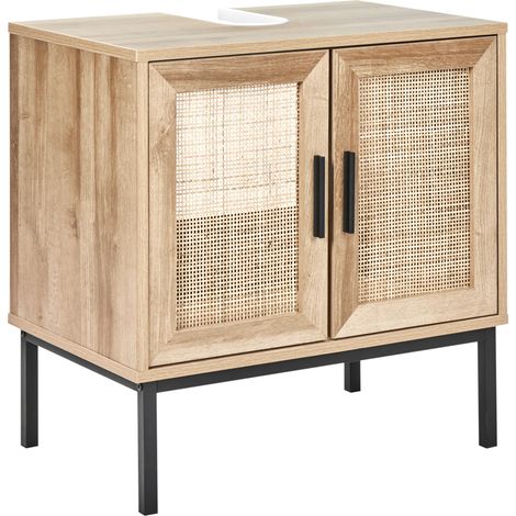 Armario de pie para baño boho frente de ratán trenzado 60 x 60 cm madera clara Rosell (1/5)