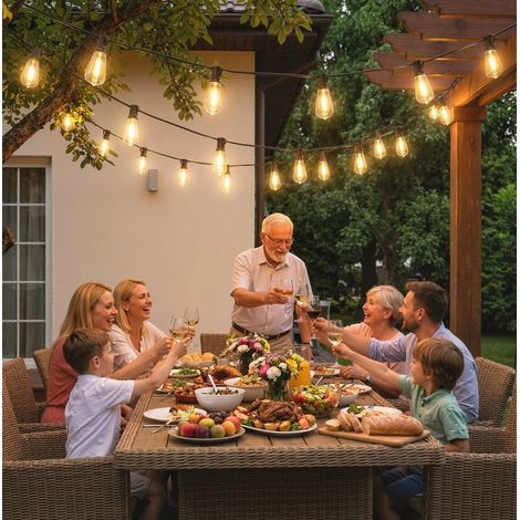 Catena luminosa LED 18 m con 50 lampadine ST38, collegabile, IP44, nera OKWISH (1/5)