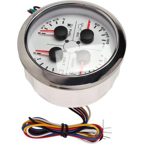 Jauge multifonction 4en1 85mm : niveau carburant, pression huile, température eau, voltmètre DC 9-32V pour voiture camping-car bateau moto blanc argent °F/PSI (1/5)