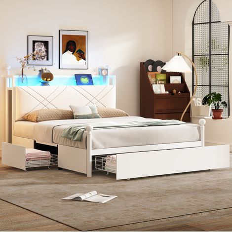 Cama de adulto 140x190 cm con dosel desmontable y almacenamiento bajo la cama, en metal blanco, sin colchón (1/5)