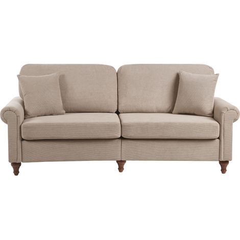 3 Seater Sofa Taupe Fabric Upholstery Scrolled Arms Wood Frame Throw Pillows Modern Living Room GINNERUP (1/5)