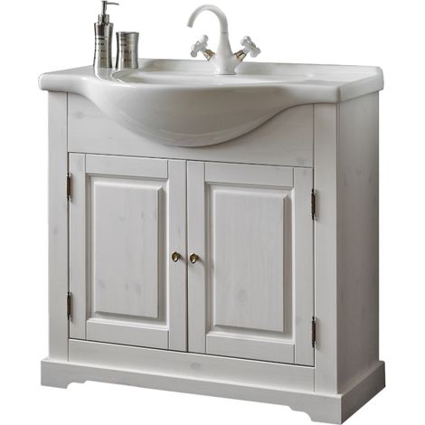 Ac-Deco – Meuble sous vasque blanc en bois – 85 x 35 x 81 cm – 2 portes avec étagère – Montage mural ou autoportant (1/5)