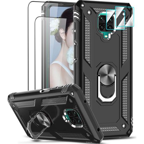 Coque pour Xiaomi Redmi Note 9 Pro/Note 9S/Note 9 Pro Max avec 2 Verre Trempé et 2 Protection Camera, Anneau Support Militaire Anti-Chute Bumper Antichoc Rigide Armure Housse Etui-Noir (1/5)