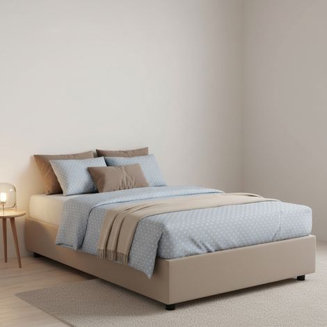 Dmora - Cama de plaza y media Dabbel, Cama contenedor con tapizado en ecopiel, 100% Made in Italy, Apertura frontal, con colchón Cm 120x190 incluido, Tórtola (1/5)