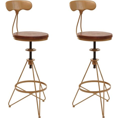 Set di 2 sgabelli da bar seggiolone con poggiapiedi girevole regolabile in altezza design industriale metallo dorato e legno marrone TDB04081