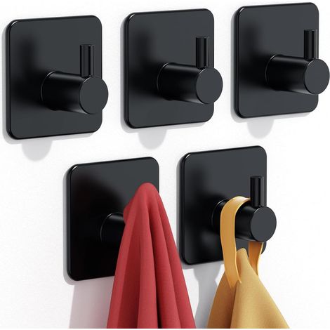 LaBlanc – 5 Stück Klebehaken, Handtuchhaken, Badezimmer-Wandhaken aus Edelstahl, wasserdichter und ölbeständiger Klebe-Handtuchhaken für Küche, Wohnzimmer und Büro, Schwarz