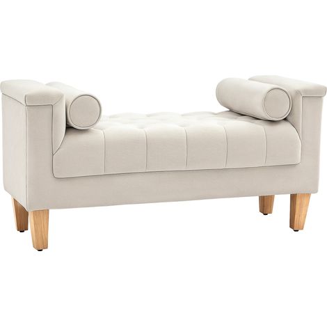 Gepolsterte Samtbank in Beige mit 2 zylindrischen Kissen und Holzgestell MODENUIT (1/5)