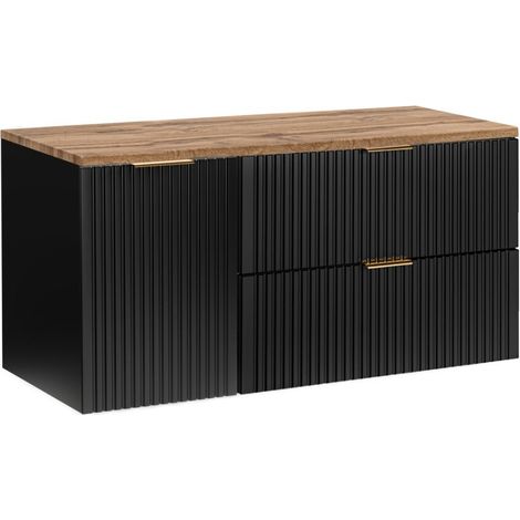 Möbelunterschrank NOXERA 120 cm – Mattschwarz & Eiche – 2 Schubladen + Wäschekorb + Waschtischplatte (1/2)