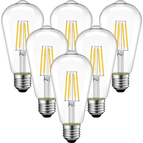 4W Ampoule Filament LED E27 ST64, 470Lm Equivalent à Ampoule Incandescente 40W, Lampe Rétro Edison de Verre Transparent, 2700K Blanc Chaud (Blanc partiel), Non-dimmable, Lot de 6 (1/5)