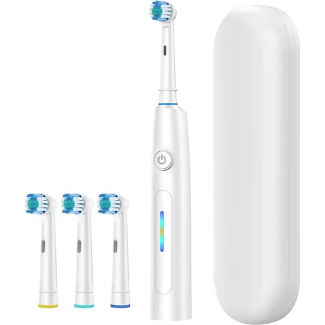 Brosse à dents électrique rotative 3D (blanche), 5 modes, chargement rapide USB, livrée avec un étui de voyage et 4 têtes de brosse. (1/5)