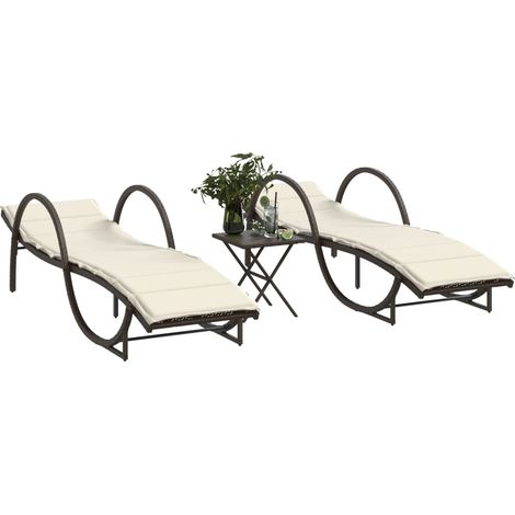 Sonnenliegen 2 Stk. mit Tisch Braun Poly Rattan