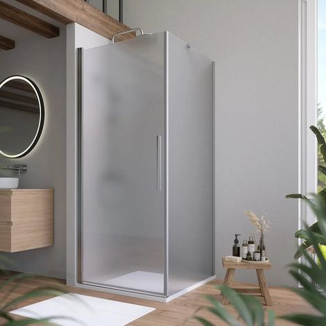 Cabine de douche 70x70 cm avec porte battante et paroi fixe profilés chromés et verre opaque de 6 mm h195 Elba (1/4)
