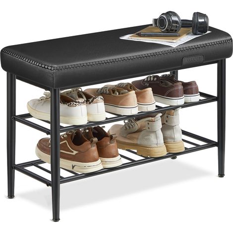 Banc à Chaussures, Banc de Rangement, Meuble d’Entrée, PU avec Coutures, Style Moderne Mi-siècle, 30 x 80 x 50 cm, Charge 135 kg, Noir d'encre LSB054B01 (1/5)