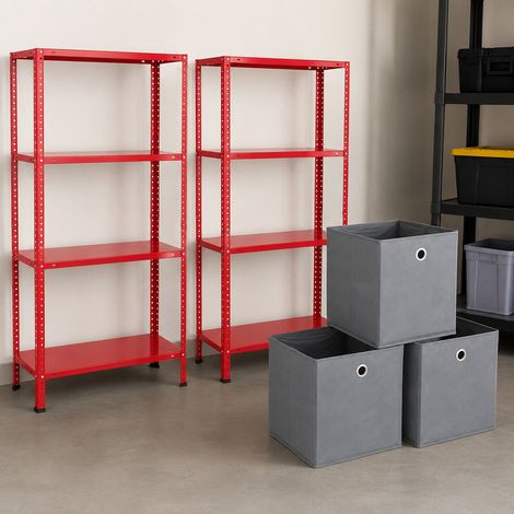 Set per riporre oggetti in garage e in casa (2 pezzi) - Set di 4 scatole in tessuto grigio e coppia di scaffali rossi a 4 ripiani (1/5)