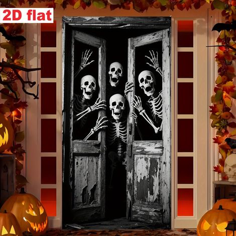 Décoration de porte d'Halloween, rideau de salle de bain Faucheuse, bannière décorative tête de mort effrayante - 90 x 180 cm (perforée + ruban) - Style 5
