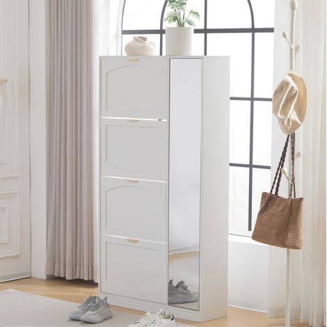 Zapatero con espejo, 4 abattants, balda regulable, blanco 80 x 24 x 147 cm DESVIAE (1/5)