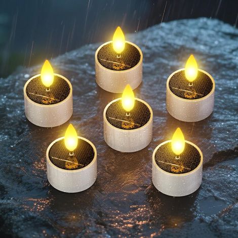Lot de 6 bougies chauffe-plat solaires d'extérieur étanches Dusk To Dawn Bougies solaires rechargeables LED vacillantes pour balcon, lanterne, intérieur, chambre, terrasse, jardin (1/5)