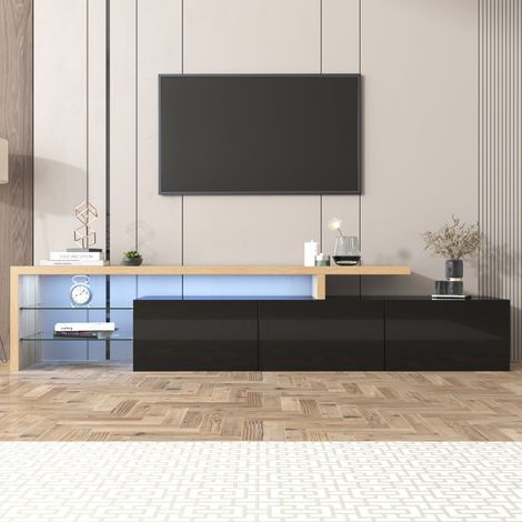 Meuble TV Grand Format 197,5 cm Noir Laqué et Bois avec Étagères en Verre, Éclairage LED Multicolore App, Compartiments Fermés, Console TV pour Salon Design Contemporain - Noir+Nature (1/5)