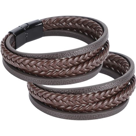 2Pcs Bracelets PU Leather Braided Couple Casual HandMade MultiLayer Wrist Decoration(Brown Black Buckle ) (1/5)