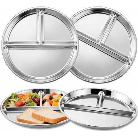 Service de 4 assiettes plates - Assiette compartimentée - Assiette à trois compartiments - Assiette à portions - Assiette ronde/carrée - 20 x 20 x 2 cm - Argent - Acier inoxydable 304 (1/5)