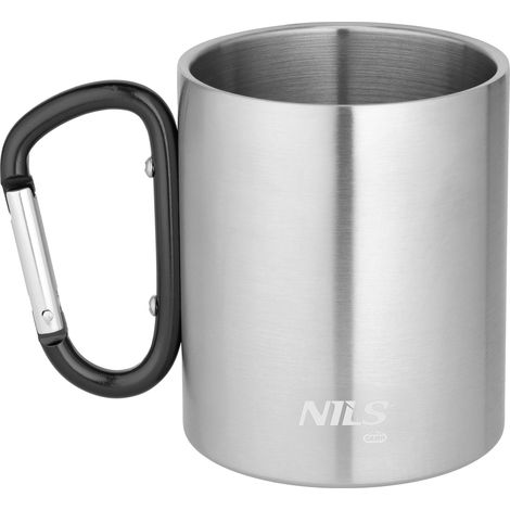 Taza de camping NC17110 con mosquetón, 330 ml, acero inoxidable negro, marca Nils Camp. (1/5)