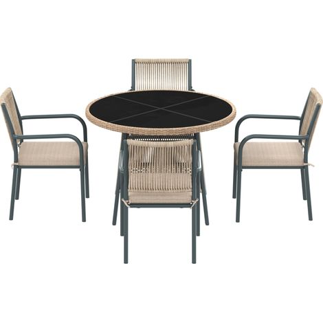 Set da giardino 5 pezzi con tavolo rotondo in vetro temperato e 4 poltrone in rattan grigio HOMVRA (1/5)