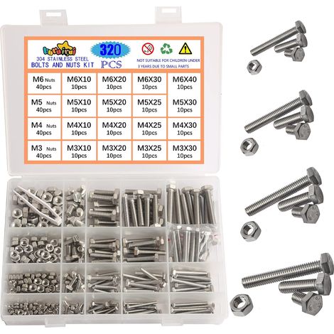 Vis et écrous Boulons M3 M4 M5 M6 Vis à Tête Hexagonale en Acier Inoxydable 304 Kit D'écrous à Vis Hexagonale en Acier Inoxydable Avec Boîte de Rangement 320pcs (1/5)