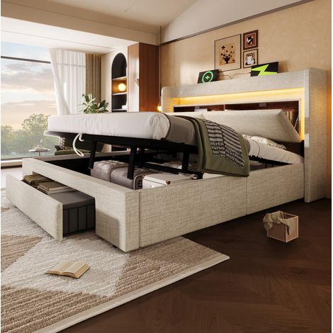Bett Bettgestell Stauraum 140x200 LED Leinen Beige OKMYHOME (1/5)