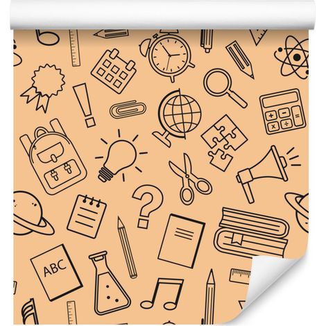 Papier peint à motifs fournitures scolaires, crème, or et ocre, pour salon et chambre, 50 x 1000 (1/5)