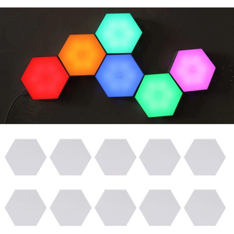 10 ensembles de lampes murales hexagonales à LED, télécommande, module géométrique tactile intelligent à monter soi-même, lumières LED RGB colorées, alimentées par USB. (1/5)
