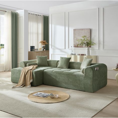 Canapé d'angle vert en chenille 263 cm à ressorts avec porte-revues intégré OKWISH (1/5)