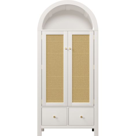 Armadio bianco in MDF e metallo 181 x 78 x 45 cm con ante in rattan, 2 cassetti e barra (1/5)