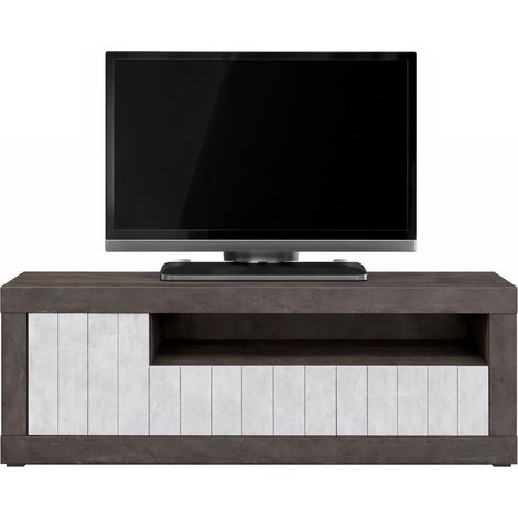 Mobile TV Basso In Melaminico Con Anta Laterale E A Ribalta Vano A Giorno Ripiani Mensole Interne Design Moderno Senza Maniglie Soggiorno Living Salotto 136.9 x 41.8 x 56 Cm Ossido e Grigio Cemento - 