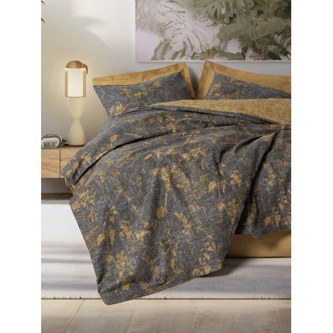 Parure de lit - 1 housse de couette 220 x 240 cm + 2 taies d'oreiller 60 x 60 cm - 100 % coton renforcé - Moutarde (1/2)