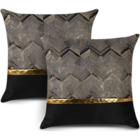 Ensemble de 2 housses de coussin pour lit, canapé, voiture, décoration luxueuse, moderne et minimaliste, en cuir doré avec coutures ondulées et rayures. (1/5)