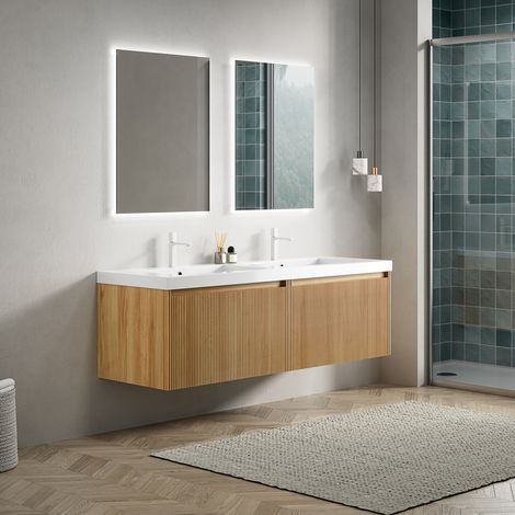 Mobile lavabo bagno 140x46x50 cm, lavabo integrato in resina, 2 cassetti, effetto rovere, bianco e legno naturale (1/5)
