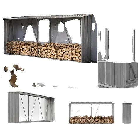 Abri de stockage de bois de chauffage, acier galvanisé, design résistant aux intempéries, Gris (1/2)