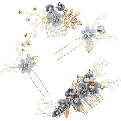 4-Piece Floral Alloy Bridal Hair Comb Set in Blue (1/5)