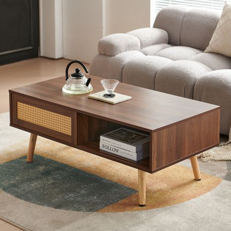 Table basse tressée panier avec portes coulissantes, pieds en bois massif, table de salon moderne, H40/L105/P55 cm-Finition Noyer Foncé